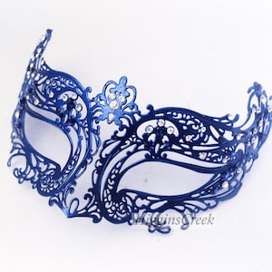 Navy Blue Masquerade Mask Women Metal Filigree mask Venetian Mardi Gras Masquerade Mask with Sparkling Rhinestones