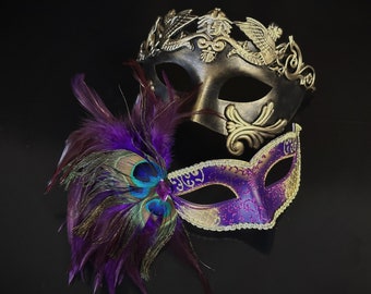 Máscara de pareja para mascarada: guerrero romano y filigrana de plumas de pavo real