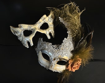 Silver Masquerade Masks For Couples, His and Hers Silver Masks, couples Venetian Masks, Feather Mask, Masquerade Party for men women