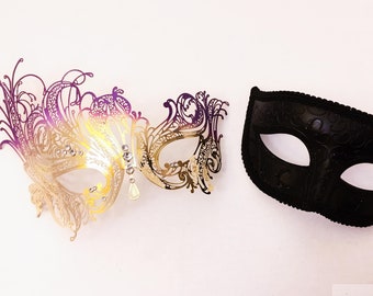 Couples Masquerade Mask Set, Gold Purple Metal Masquerade Mask, Masquerade Ball Mask, Mens black Masquerade Mask, Black Tie Event