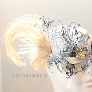Silver Women Masquerade Mask with Ivory Feathers