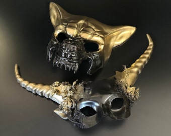 Black Gold Mythical Animal Horned Wolf Couples Masquerade Mask