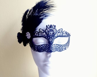 Black womens masquerade mask, Silver Feathers, Rhinestone Mask, Masquerade Ball, Venetian Mask