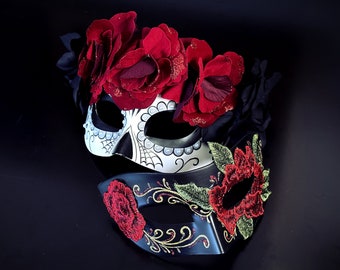 Dia de los Muertos Couples Masquerade Masks Set, Matching Day of the Dead Masks, Halloween Mask, Halloween Party, Flower Mask, Sugar Skull