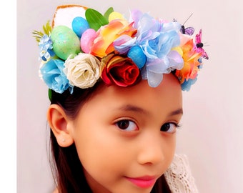 Easter headband Kids Bunny Ears Whimsical Forest Flower Crown Easter Egg Hunt - Kids Easter Accessory