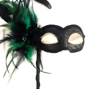 Emerald Green Women masquerade mask Handheld stick masquerade mask