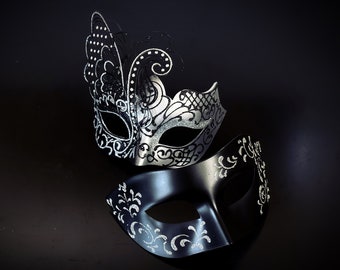 Couples Masquerade Mask Pair Venetian - Silver Black - Adult