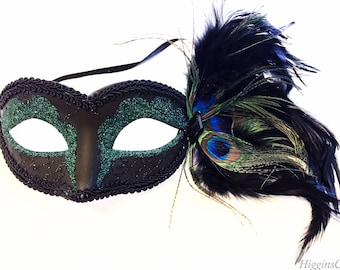Masque de plumes mascarade vert émeraude, masque de bal de fin d'année mascarade vert foncé, masque vénitien vert pour femme