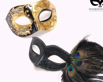 Black Gold Masquerade Party Masks, Venetian Masks, Costume Parties, Couples Masquerade Ball Masks
