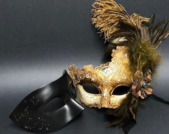 masquerade mask couples, phantom mask pair, Simple elegant Black half face Masks also in Gold, Silver, White