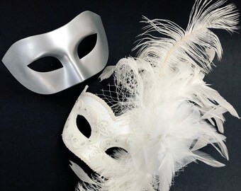 Silver Glitter Masquerade Mask Couples Set, Masquerade Party, Masked Ball, Venetian, White Feather Mask, Wedding, Womens Masquerade Mask