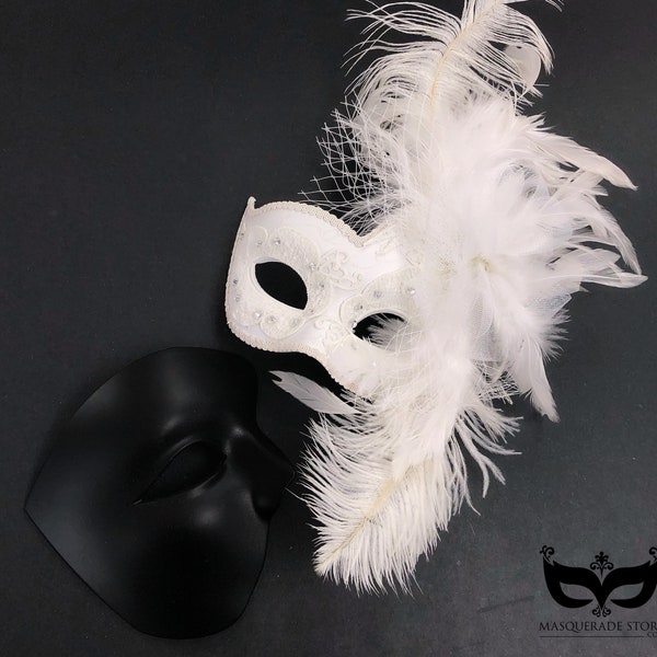 Phantom Masquerade Mask Couples Pair, Black And White Venetian Masks, Wedding, Masquerade Ball, Costume Party, Mardi Gras, Feather Masks