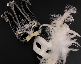 Couples Masquerade Mask Pair, White Venetian Mask, Jester Mask, Feather Mask, Masquerade Party, Masked Ball, Elegant Womens Masquerade Mask