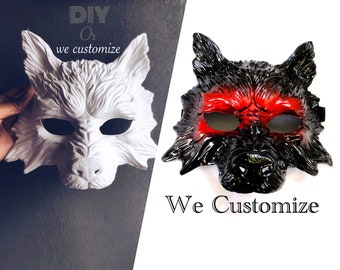 DIY blank werewolf mask, Halloween wolf mask black white primer coated mask, animal halloween blank mask, DIY Masks Wolves