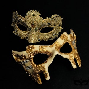 Gold Venetian Masquerade Masks For Couples, Masquerade Party, Womens Masquerade Mask, Rhinestone Mask, Phantom Mask Set, Masked Ball