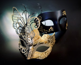 Couples masquerade mask pair, his and her mask pair Gold/Black masks, wedding masks Couples Prom Mask, new year eve party Masquerade Mask