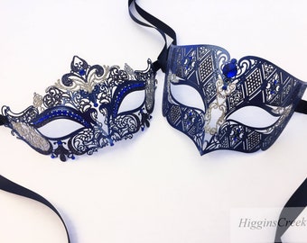 Navy Blue Couples Masquerade Masks, Black Venetian Couples Matching mask pair