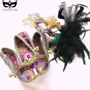 Gold Purple Jester Masquerade Mask, Couples Masks, Mardi Gras, Carnival, Venetian Mask, Masquerade Mask Party, Costume Party, Feather Mask