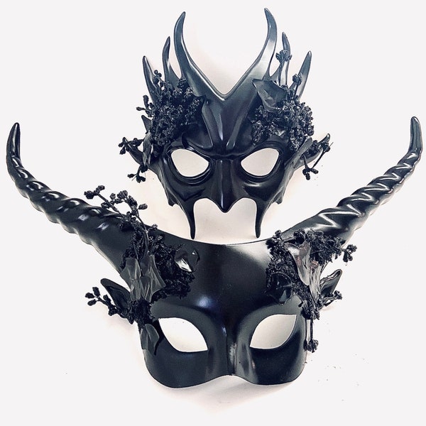 Black Masquerade mask couples devil horn woodland creature mask forest animal mask Halloween party mythical masks