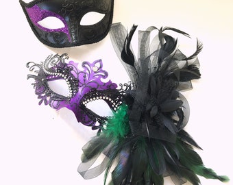 Purple Couples Masquerade Masks, Mardi Gras Party Masks, Feather Mask, Masquerade Party, Feather Mask, Carnival, Masquerade Mask Pair