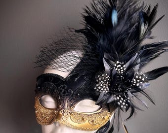 Black Gold Masquerade Mask Women Feather Masquerade Mask, Floral mask masquerade Ball party mask wedding mask Anniversary Mask Venetian mask