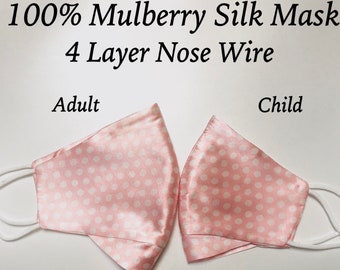 Pink silk mask with nose wire 100 percent Mulberry Silk Face Mask Cloth Mask Polka Dot Face mask hypoallergenic masks