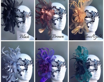 Black Filigree Masquerade Prom Mask with Floral Mesh