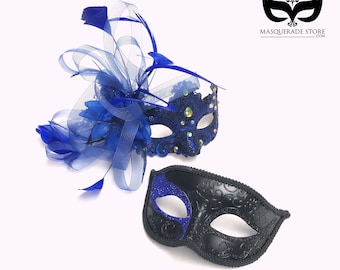 Black & Blue Venetian Lace Couples Masquerade Mask Pair