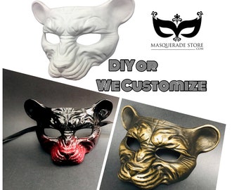 May include: A white blank animal mask with ears, a black and red painted animal mask with ears, and a gold painted animal mask with ears. The masks are all the same design and are available for DIY or customization. The text "DIY or We Customize" is written on the image.