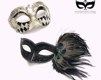 Silver and Black Venetian Masks, Masquerade Ball, Couples Party Masks, Feather Mask, Prom Masks