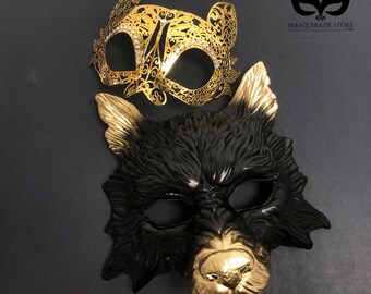 Gold cat and Wolf Masquerade Mask Pair, Cat woman mask, Animal Masks, Couples Set, Masquerade Party, Masquerade Ball, Womens Masquerade Mask