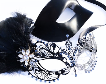 Máscaras de mascarada para pareja, elegante par de máscaras negras, máscaras para parejas, conjunto de mascarada para mujeres y hombres