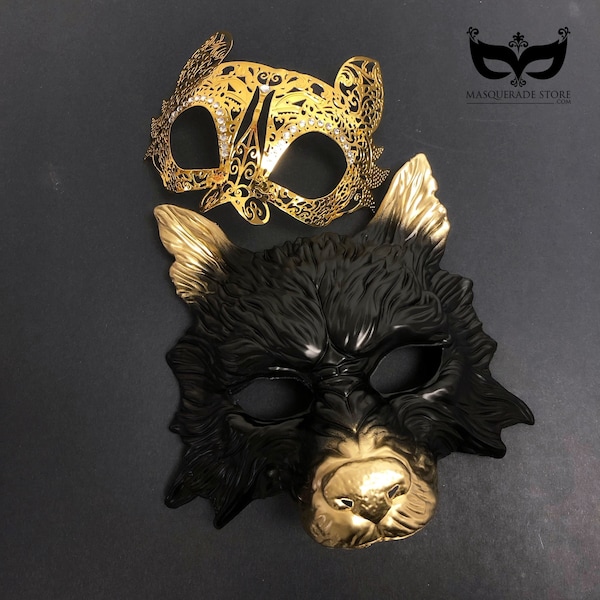 Gold cat and Wolf Masquerade Mask Pair, Cat Mask mask, Animal Masks, Couples Set, Masquerade Party, Masquerade Ball, Womens Masquerade Mask