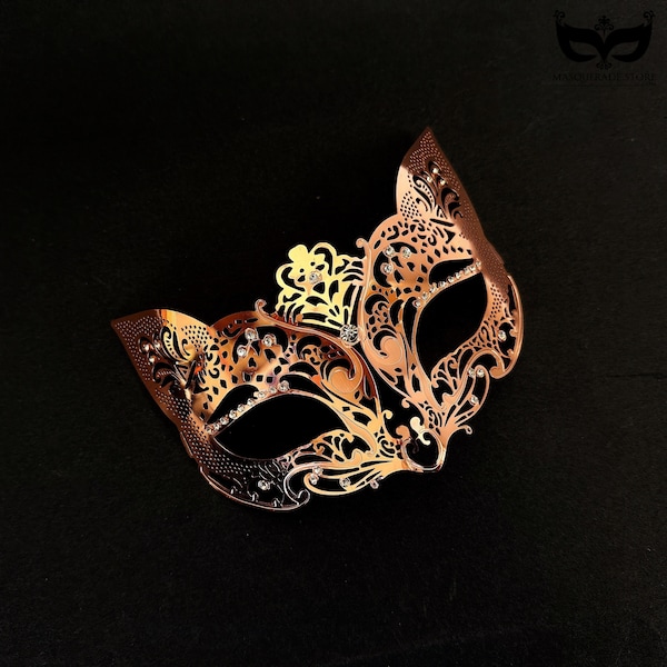 Rose Gold Cat Party Mask, Masquerade Party, Masked Ball, Cat Masquerade, Fox Masquerade, Fox Costume, Cat Costume, Metal Mask, Halloween