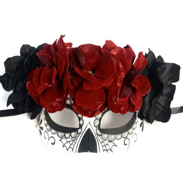 Catrina Mask Masquerade Red Sugar Skull Mask Day Of The Dead, Dia De Los Muertos, Halloween mask Festival mask burgundy catrina mask