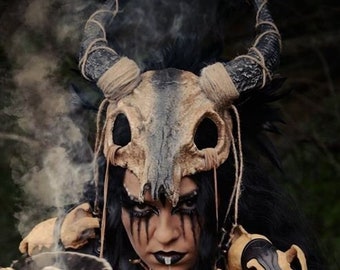 Wicker man Skull headdress Gaelic festival samhain pagan ritual horn skull feather headpiece Druid viking headwear Ram Horn Deer Antler