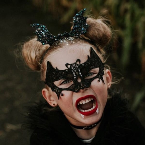 Máscara de encaje de murciélago para niños, máscara de murciélago de Halloween, máscaras de disfraz, accesorios de Halloween a juego para madre e hija