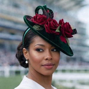Green Velvet Fascinator with Red Roses for Women