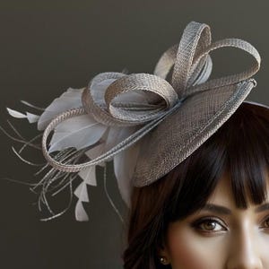 Silver fascinator hat  Derby hat feather Accented hat church Fascinator Women tea party hat Dressy Hat Wedding Polo Ladies hat