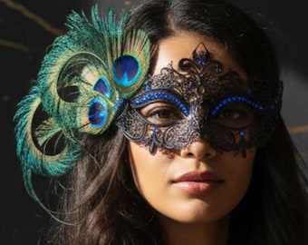 Feather Masquerade Mask Women Peacock Masquerade Ball blue green Feathers Rhinestones
