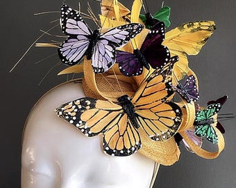Schmetterling Fascinator Hut, Gold Stirnband, Schmetterling Stirnband, Derby Hut, gelbe Pferderennen Hut, Teeparty Hut, Schmetterling Kopfstück Belmont