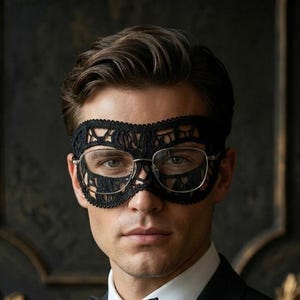 Könnte beinhalten: Eine schwarze Spitzen-Maskenmaske mit floralem Design, getragen über einer Brille. Die Person trägt einen schwarzen Smoking mit einem weißen Hemd und einer schwarzen Fliege. Der Text "Al-generated for inspiration only. See next photos for actual product details."