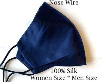 Men's 100% Mulberry Silk Face Mask with NOSE WIRE, Adjustable Ear Tie Silk Charmeuse Women Small Men Large Size