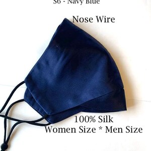 Men&#39;s 100% Mulberry Silk Face Mask with NOSE WIRE, Adjustable Ear Tie Silk Charmeuse Women Small Men Large Size