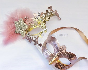 Rose Gold and Blush Pink Feather Mask Set, His & Hers Masquerade Masks With Diamonds, Gold Metal Mask