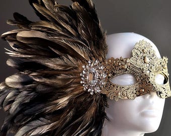 Black Gold Masquerade Mask Women Halloween Party Mask Gold Feather Mask Venetian Masquerade Ball Mask Masked Ball Big Feather Mask