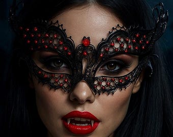 Black Fiigree Metal Mask with Red Crystals - Vampire Halloween Masquerade Mask