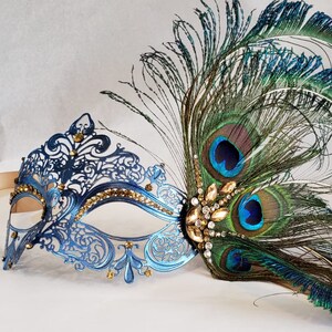 HigginsCreek Masquerade Mask Women, Luxury Peacock Feather Mask, Mardi Gras Mask, Venetian Masquerade Mask Gold Navy theme image 3