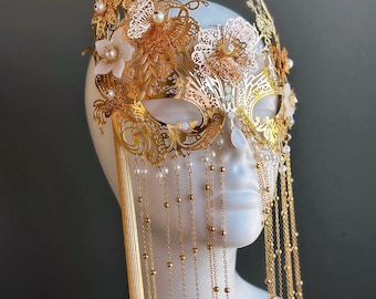 Gold Masquerade Mask with Chain Fringe – Venetian Handheld Mask with Stick & Floral Detail