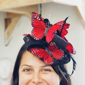 Red derby fascinator Hat, red butterfly headpiece, white monarch butterfly,  Derby fascinator Hat, butterfly hat, fascinators